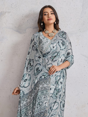Tasrika Printed, Embellished Bollywood Satin, Georgette Saree(Green)