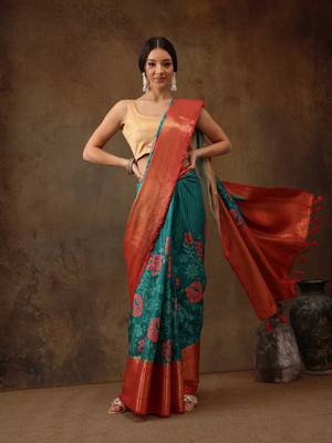 SILK ZONE Digital Print Banarasi Silk Blend Saree(Light Blue)