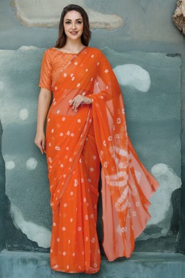 Clafoutis Printed Bandhani Chiffon Saree(Orange)