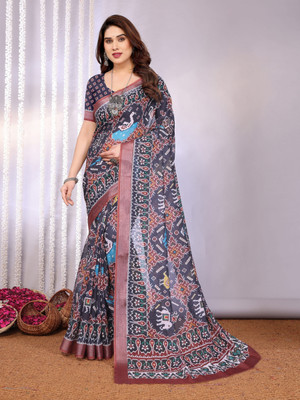 Soor Panchi Digital Print Bandhani Cotton Linen Saree(Blue)