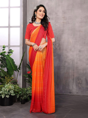 Moda Rapido Striped, Self Design Daily Wear Satin Saree(Orange)