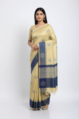 Fabloom Self Design, Woven, Striped Bhagalpuri Handloom Tussar Silk Saree(Beige, Blue)
