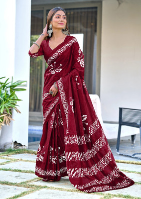 SellZone Printed Hand Batik Mulmul Saree(Maroon)