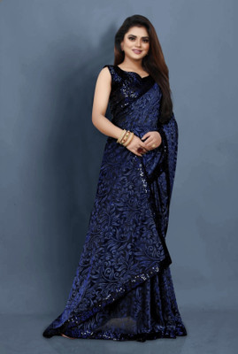 NG CREATION Floral Print Bollywood Lycra Blend Saree(Blue)