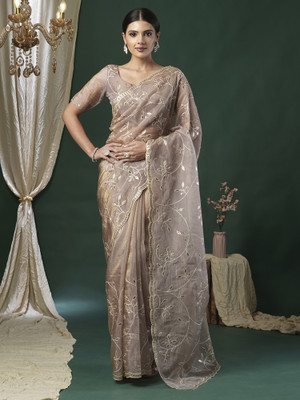 Sareemall Embroidered Bollywood Tissue Saree(Beige)