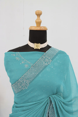 VarniRaaj Fashion Embellished, Floral Print, Geometric Print Bollywood Organza Saree(Light Blue)