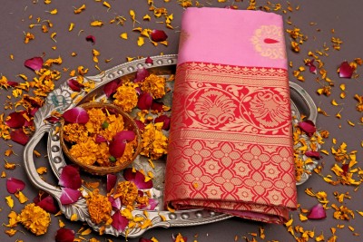 Flosive Printed Banarasi Pure Silk Saree(Pink)