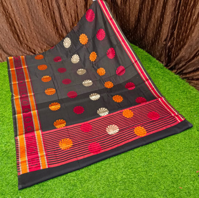 Spewim Woven Jamdani Cotton Silk Saree(Black)