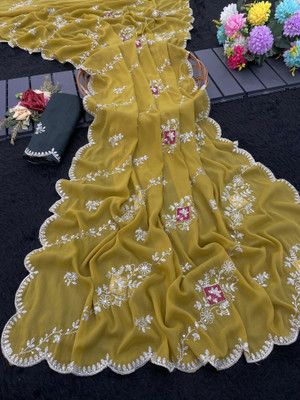 Tradivibe Embroidered Bollywood Georgette Saree(Yellow)