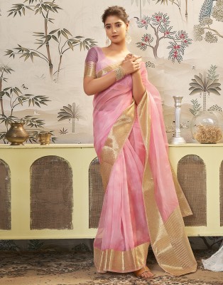 Samah Printed, Woven, Embellished Banarasi Organza Saree(Pink, Gold)