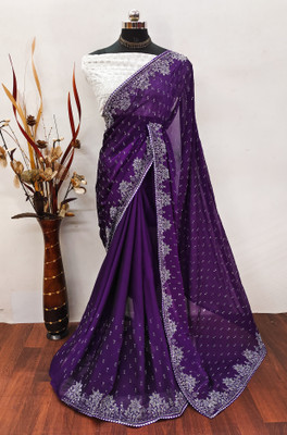 GEETABA FASHION Embroidered Bollywood Raw Silk Saree(Purple)