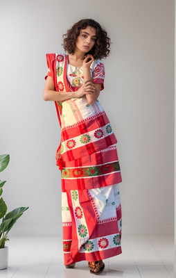 ADIVASI SHOP Embroidered Handloom Cotton Blend Saree(White, Red)