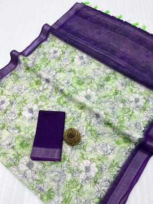 Margi Designers Floral Print Handloom Cotton Linen Saree(Purple)