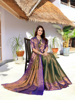 jayant creation Woven Banarasi Silk Blend, Jacquard Saree(Dark Green)