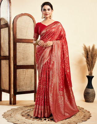 Samah Woven, Self Design Kanjivaram Silk Blend Saree(Red, Gold)