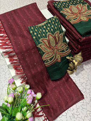 Pfancy silk Embellished, Embroidered, Floral Print, Striped, Self Design, Woven Kanjivaram Polyester Saree(Maroon)