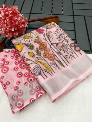 HangerStories Printed Kanjivaram Pure Cotton, Cotton Linen Saree(Pink)