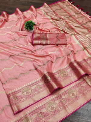 Bansari Textiles Self Design, Woven, Printed, Solid/Plain, Applique Banarasi Cotton Blend, Jacquard Saree(Pink)