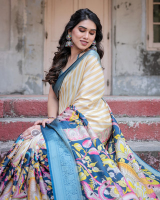 maharani couture Digital Print Kalamkari Silk Blend Saree(Beige)