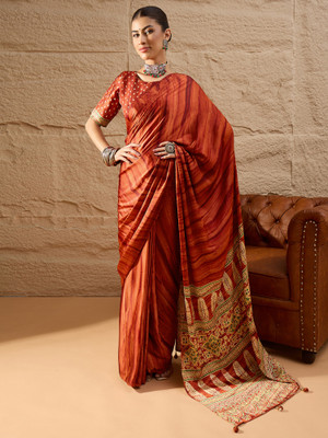 Tasrika Printed Hand Batik Crepe Saree(Brown)