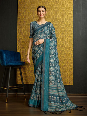 Divastri Digital Print Bollywood Silk Blend Saree(Blue)