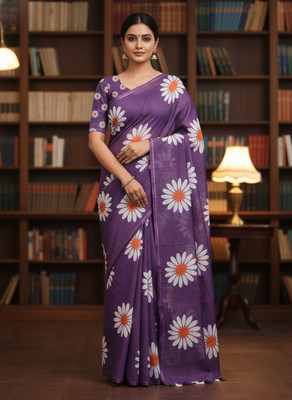 Hema Silk Mills Digital Print, Floral Print Bollywood Linen Saree(Purple)