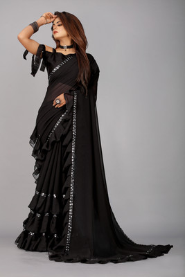 arlima Solid/Plain, Embroidered, Dyed, Embellished, Blocked Printed Bollywood Georgette, Chiffon Saree(Black)