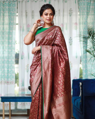 Rudr Venture Digital Print Banarasi Jacquard Saree(Maroon)