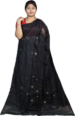 JharnaSaree Woven Jamdani Cotton Silk Saree(White)