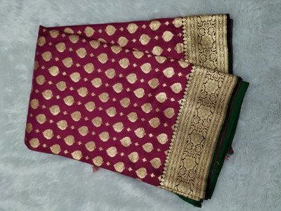 AZHAR SAREE PARADISE Woven, Self Design Banarasi Handloom Cotton Silk Saree(Pink, Green, Gold)