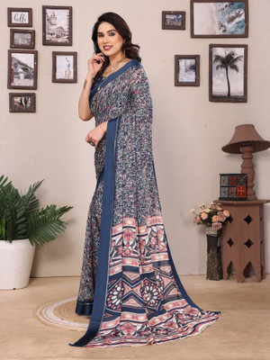 RAJESHWAR FASHION Floral Print Daily Wear Silk Blend Saree(Blue, Multicolor)