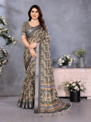 Millstar Digital Print Bollywood Cotton Linen, Art Silk Saree(Yellow)
