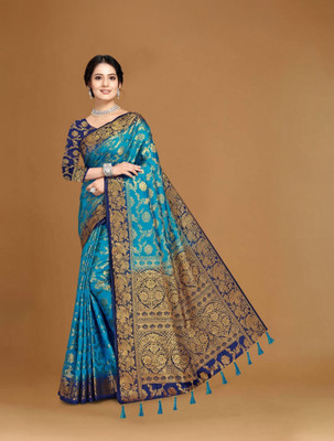 COSBILA FASHION Woven Banarasi Cotton Silk Saree(Blue)