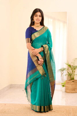 KAKADIYA Embroidered, Woven, Striped Banarasi Cotton Silk Saree(Light Blue)