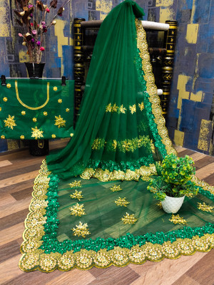 Radheradhey Embroidered, Floral Print Bollywood Net Saree(Green)