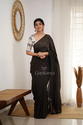 Amita Collections Solid/Plain Handloom Cotton Blend Saree(Black)