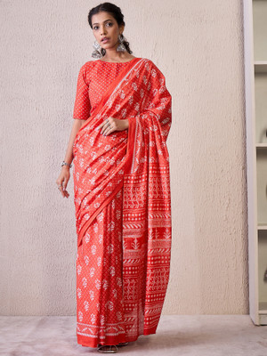 Tasrika Printed Pochampally Cotton Blend Saree(Red)