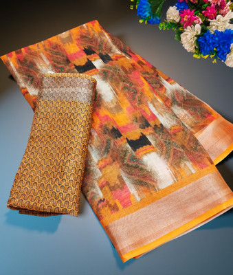 sambhu fashion Digital Print Bollywood Cotton Linen Saree(Yellow)