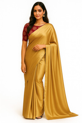 LOKAVANYA Solid/Plain Bollywood Satin Saree(Gold)