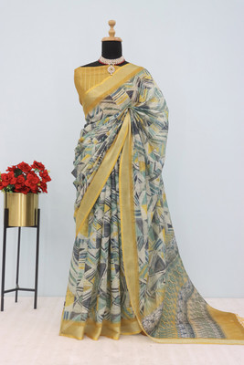 Pihaan Digital Print Daily Wear Linen Saree(Multicolor)