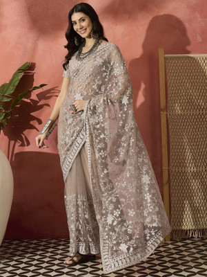 ShopGlobal Self Design Banarasi Net Saree(Beige)