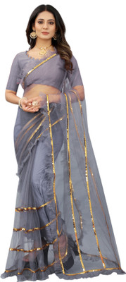 Yashvi Designer Embellished Bollywood Net Saree(Grey)