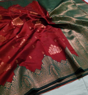 SHARIRI Printed, Self Design, Geometric Print, Woven, Graphic Print, Floral Print, Polka Print Kanjivaram Jacquard, Art Silk Saree(Red)