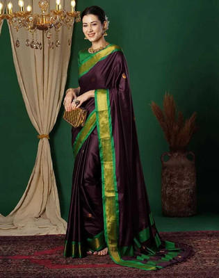 Nandi Self Design Banarasi Cotton Silk Saree(Purple, Green)