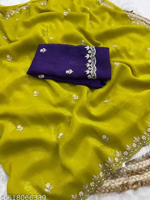 Online Bazaaar Embroidered, Embellished Bollywood Jimmy choo Saree(Yellow)
