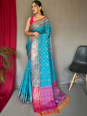 all about you Woven Patola Cotton Blend Saree(Blue)