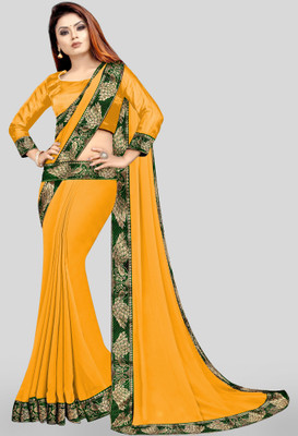 Anugrah Textile Solid/Plain Banarasi Lycra Blend, Chiffon Saree(Yellow)
