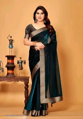 Rudra Enterprise Solid/Plain Bollywood Lycra Saree(Black)