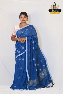 Ahana Textile Printed Handloom Cotton Blend Saree(Light Blue)