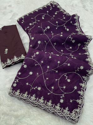 Zari and Ziba Embroidered Bollywood Chiffon Saree(Purple)